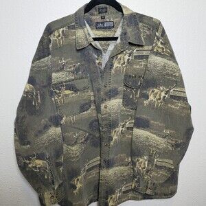 Vintage Canyon Guide Elk Deer Print Shirt 2X 90s Outdoors Cotton Button Up